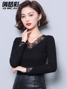 Black Lace Mesh T-Shirt V-Neck Fleece Lined Base Shirt Womens Fashionable Mom Top Small Shirt Korean Style Commute Wind