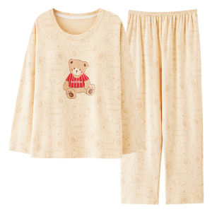 MiiOW | ชุดนอนผู้หญิงผ้าฝ้ายแท้แขนยาว กางเกงขายาว ชุดนอนฤดูใบไม้ผลิและฤดูใบไม้ร่วง ชุดอยู่บ้าน ชุดทำงาน ชุดลำลอง ชุดนอนฤดูใบไม้ร่วง