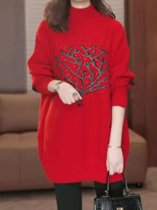 Luxurious Thick Knitted Sweater Womens Autumn Winter Red Top Mid-Length Loose Knit Base Shirt Diamond Embellished Korean Style