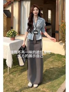 Korean Style Spring Fashion Design Slim Fit Shirt High Waist Mini Skirt Two Piece Set Simple Elegant Womens Outfit Ensemble