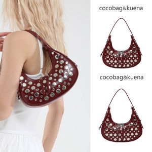 Fashionable Summer Rivet Shoulder Bag Womens New 2025 Red Moon Underarm Handbag Small Size PU Leather Single Shoulder Carry