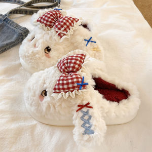 XMAW | Winter Warm Fuzzy Slippers with Bow and Bunny Ear Design Anti-Slip