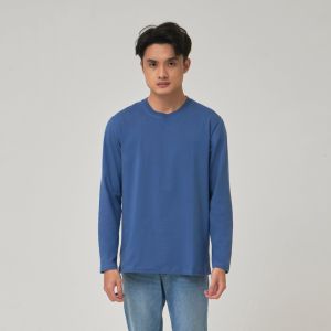 Kaos Polos Pria Oneck Lengan Panjang Bahan Katun Combed 30s Warna Steel Blue
