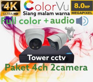 PAKET CCTV 4 CHANNEL 2 KAMERA 8MP COLORVU AUDIO 4K ULTRA HD FULL COLOR SIANG MALAM