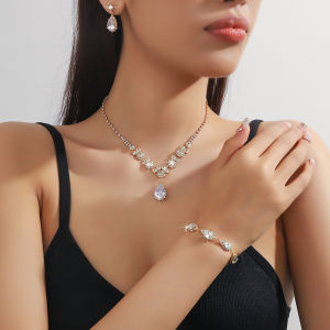 4PC womens fashionable rhinestone water droplet necklace earrings bracelet jewelry set wedding banquet party holiday gift