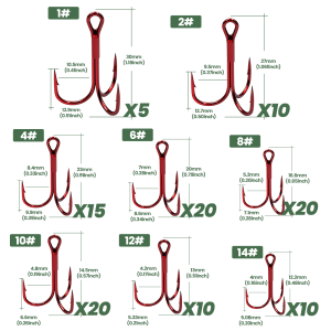 9KM DWLIFE | 9KM High Carbon Steel Treble Hooks Set Red Triple Fishing Hooks for Freshwater & Saltwater Terminal Tackle