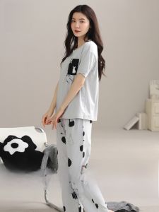MiiOW | Bộ đồ ngủ cotton nguyên chất mùa hè cho nữ tay ngắn quần dài có đệm ngực Bộ đồ mặc nhà thoải mái thoáng khí