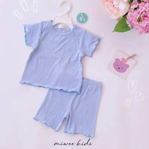Bộ bé gái uốn viền Miwoo chất cotton tăm xuất dư mềm mát