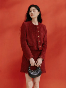 XIANGYING | Red Elegance Spring Jacket Round Neck Long Sleeves Short