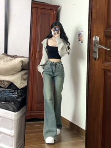 กางเกงยีนส์ทรงหลวมเอวสูง ทรงขากระบอกเล็ก สำหรับผู้หญิง ดีไซน์เก๋ไก๋ ขอบขนหนา กางเกงขายาวทรงหลวม ทรงลำลอง