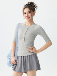 DRUR | Slimming Yoga Top Mid-Sleeve Henry Collar for Summer