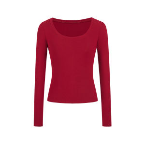 MosesQueen Slim Fit Long Sleeve T-Shirt Womens Base Shirt Top U-Neck Waist-Cinched Autumn New Style Fashion Ladies Tee