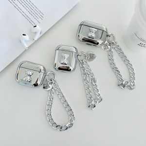 CrashStar Plating Silver Cute Bear Glossy AirPods Case With Lanyard For AirPods 1 2 3 AirPods Pro 2 4 InPods 12 i12 Wireless Bluetooth Headphones Headset Earphone Luxury Casing Shockproof Cover Shell Hot Sale