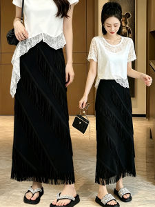 TIANQIANHUI | Black Tassel Thin Lightweight Drapey Skirt