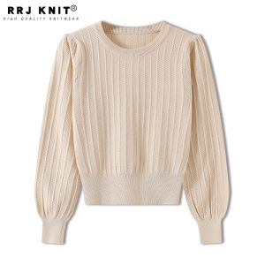 Fashionable Pure Color Short Sleeve Sweater round Neck Bubble Sleeve Purple Waist Cinched Top for Women Casual Style Knitted Wear