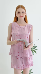 Bộ ngắn nữ sát nách B709 Tvm Luxury Homewear chất liệu tole xô mình vải mềm mịn có độ rũ.