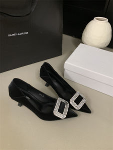 French Fine Heel High Heels 2025 New Diamond Square Buckle Soft Leather Not Tired Thick Heel Pointed Toe Slip-On Women Shoes