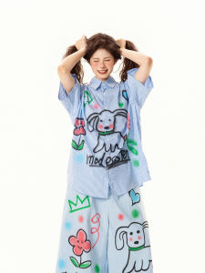 Retro Fun Dog Doodle Striped Short Sleeve Loose Casual Shirt Women Summer Street Style Versatile Dog Print Shirt Trendy Top