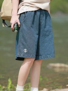 Girls Casual Cotton Denim Shorts Childrens Summer Fashionable Five-Point Pants Mid-Waist Elastic Waistband Comfortable Shorts