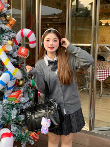 เสื้อสเวตเตอร์ถักสีเทาขนาดใหญ่สำหรับผู้หญิง เสื้อคาร์ดิแกนแขนยาว ชุดฤดูใบไม้ร่วง/ฤดูหนาว อบอุ่น กระชับสัดส่วน สไตล์นักศึกษา