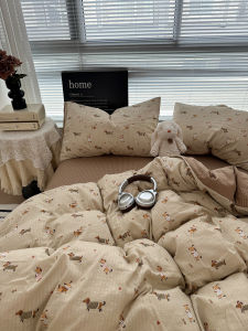 Ins Girl Cartoon Naught Dog Double-sided Washed Bubble Cotton Four-piece Bedding Set Student Duvet Cover Bed Sheet Three-piece Set