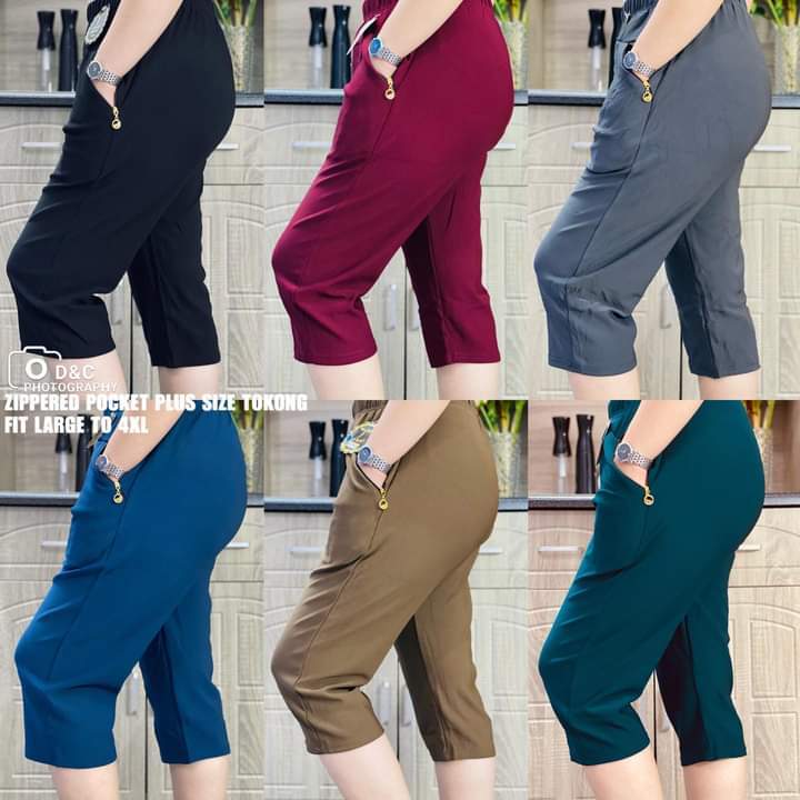 Women Plus Size (up to 3XL 42 waist) Plain Tokong Capri Pants With Zip  Pockets Stretchable Fabric Makapal