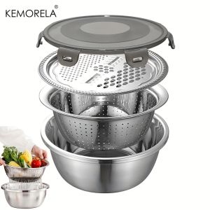4-in-1 Stainless Steel Multifunctional Basin with Lid Airtight Rice Washer Drain Colander Ginger & Cheese Grater Cooking Tools