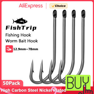 FishTrip 50PCS Long Shank Fishing Hook Worm Bait Barbed Hook Stanless Steel Oshaughnessy Hooks for Saltwater Freshwater 50pcs