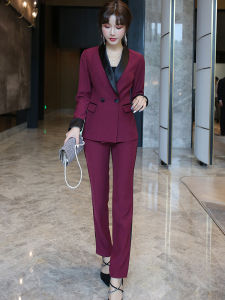 MUBEELE | Elegant Wine Red Autumn Professional Womens Suit Two-Piece Set High Waist Long Pants Slim Fit Jacket Long Sleeve Polyester Blend