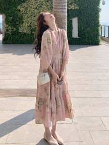 Romantic Floral Print Maxi Dress Womens Summer New Style Beautiful Beach Vacation Style A-Line Dress High Waist Seven Sleeve