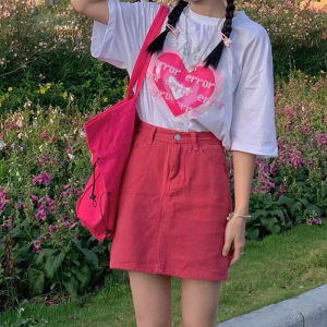 Váy Ngắn Denim Màu Hồng Ngọt Ngào Cạp Cao Cho Nữ Mùa Hè 2023 Váy Ngắn Chữ a Dáng Rộng Phong Cách Hàn Quốc Váy Ngắn Cotton