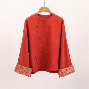 Red Silk Cheongsam Top Chinese Style Song Jin Patchwork Womens Fashionable Versatile Long Sleeve round Neck Regular Length