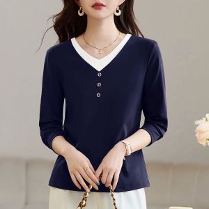 QIAOXIZI | V-Neck Loose-Fitting Long Sleeve T-Shirt for Plus Size Women
