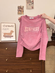 Retro Style Womens Long Sleeve T-Shirt Dyed Knot Waist Inward Match Creamy Universe Embroidered Letter Short Early Autumn Top