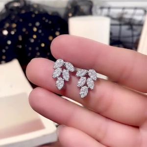 Huitan Chic Leaf-shaped Stud Earrings Silver Color Crystal Cubic Zirconia High-quality Wedding Earrings Jewelry for Women Gifts