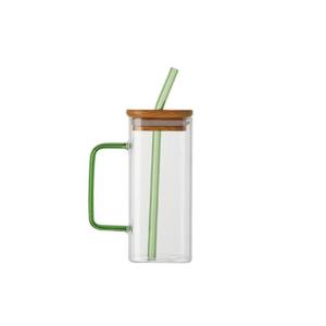 Suomi 400ml Creative Square Borosilicate Glass Cup with Colored Handle and Bamboo lid & Glass Straw