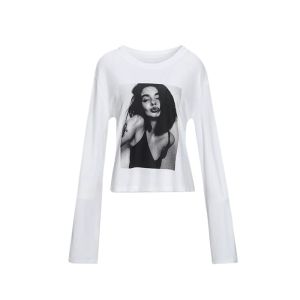 YUEZHONGWEI | American Style Long Sleeve Portrait Print T-Shirt Womens Summer Thin Outer Covering Shirt Air Conditioning Top Round Neck