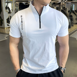 Mens Summer Outdoor Fitness Running Breathable Training Clothes Half Zip Short Sleeve T-Shirt Collar New Model Sportswear