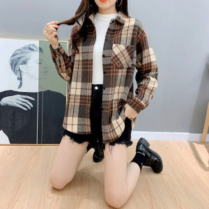 Áo Sơ Mi Kẻ Caro Cổ Polo Dài Tay Rộng Rãi Cho Nữ Mùa Xuân Thu Phong Cách Hàn Quốc Chất Liệu Polyester 35% Cotton 65%