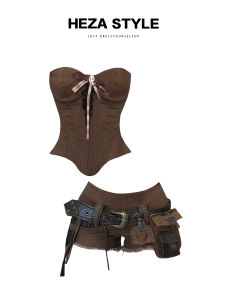 HEZA American Style Spicy Butterfly Tube Top Fishbone Denim Jacket Women Summer Design Pocket High Waist Shorts Casual Outfit