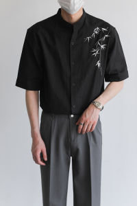 ZPZ New Chinese Style Short Sleeve Shirt Mens Summer Top Trendy Bamboo Leaf Embroidery Half Sleeve Stand Collar Cotton Blend Fabric
