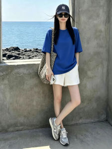 White Brightening Blue Cotton Round Neck Short Sleeve Loose Summer T-Shirt