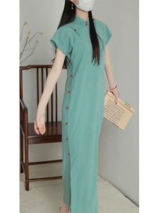 Elegant Green Cheongsam Dress Young Womens Style Chinese Traditional Light Fashion New Version Summer Season Polyester Fiber
