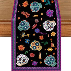 Mexican Day of the Dead Sugar Skull Floral Table Runner Party Kitchen Sideboard Dresser Fiesta Holiday Home Ornament