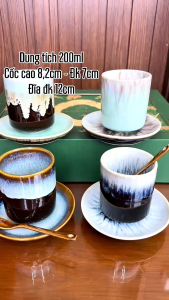 Bộ Cốc Trụ Men Hỏa Biến Bát Tràng 200ml Kèm Đĩa Thìa Ly Gốm Uống Trà Cafe Nước 4 Màu Men Độc Đáo