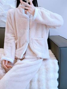 Elegant Coral Fleece Sleepwear for Women Traditional Chinese Style Long Hair Home Clothes Warm Button Set Long Sleeve Couples Swimsuit