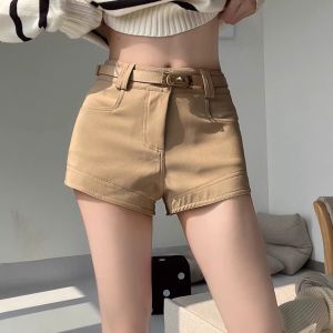 Khaki Straight Leg Casual Shorts Womens Autumn Winter Slimming High Waist A-Line Hot Pants Retro Style Pocket Detail Zipper Fly