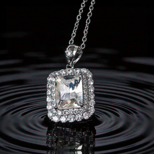 Square Halo Clear Crystal Pendant，Timeless Cushion-Cut Crystal Necklace