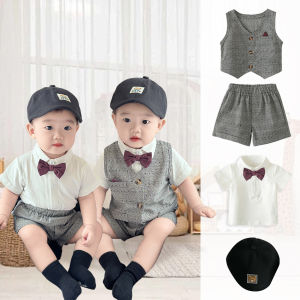 Lontakids ชุดทักซิโด้ทารกแขนสั้นชุดสุภาพบุรุษเสื้อกั๊ก + เสื้อ + กางเกงขาสั้น + โบว์