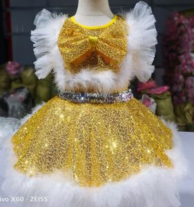 Girls Performance Outfit with Sequins One-Piece Tulle Skirt Dance Costume Cute Yellow Childrens Day Artistic Style Polyester Fiber
